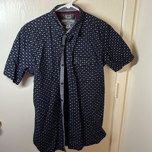 Broken Threads Dark Blue Short Sleeve Dress Shirt White Motorcycle Patterned